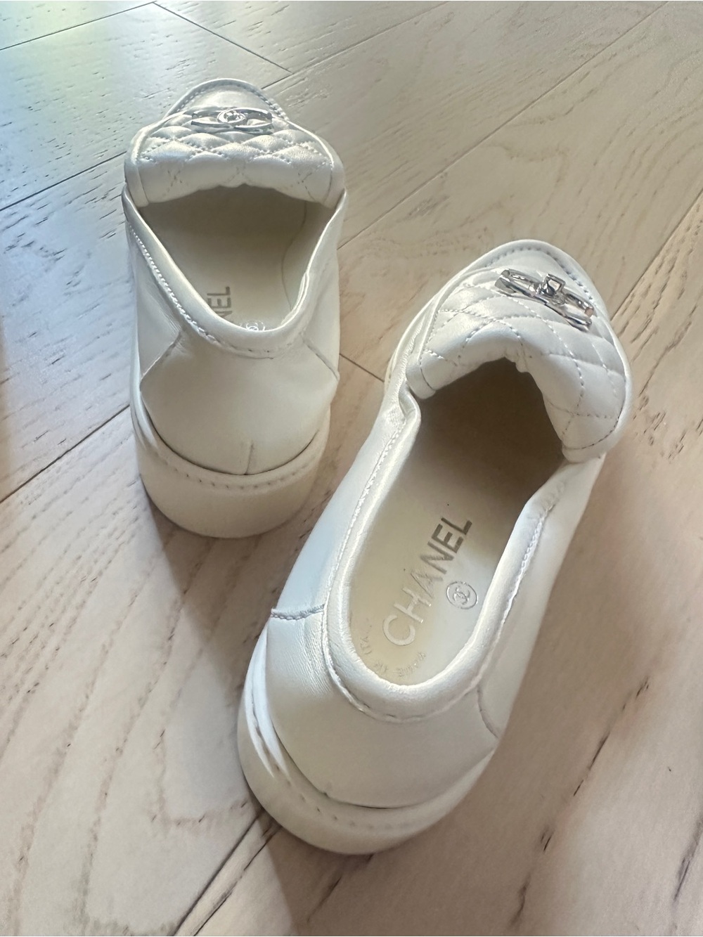 CHANEL White Quilted Leather Loafers with Silver CC Hardware - Picture 3 of 4